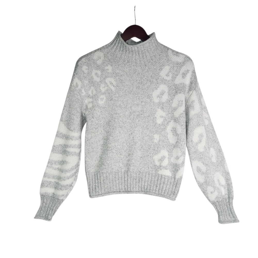 Nine West Women's XS Gray White Mixed Animal Print Mock Neck Leopard Sweater - Picture 5 of 11